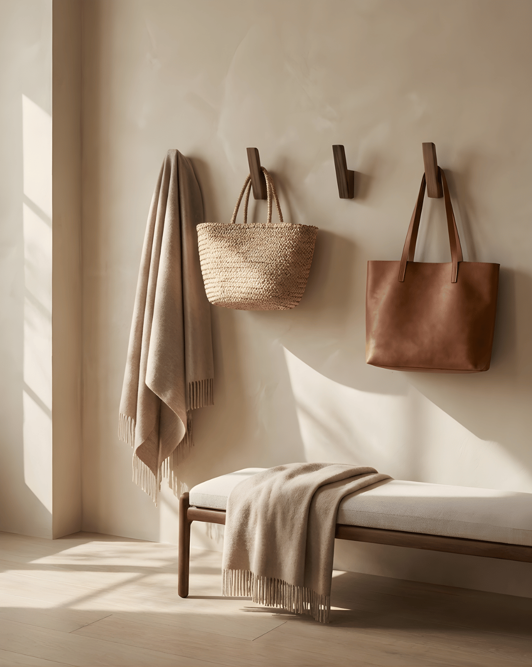 Coat Hooks Wood Set of 4 – Minimalist Wall Hooks for Hallway & Bathroom - Walnut