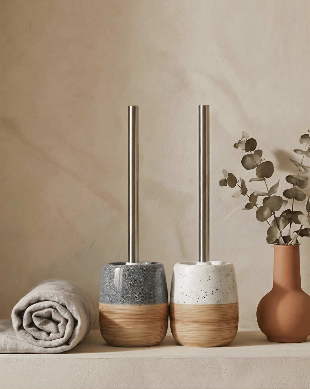 Ceramic Toilet Brush Set – Wood-Texture Base – Stainless Steel Handle