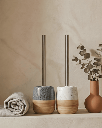 Ceramic Toilet Brush Set – Wood-Texture Base – Stainless Steel Handle