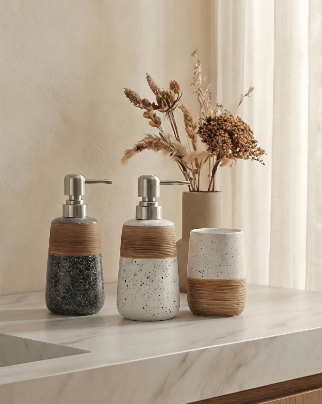 Flint Bathroom Set 2-Piece Speckled Ceramic with Bamboo Design, 18 cm