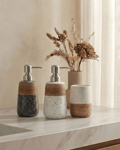 Flint Bathroom Set 2-Piece Speckled Ceramic with Bamboo Design, 18 cm