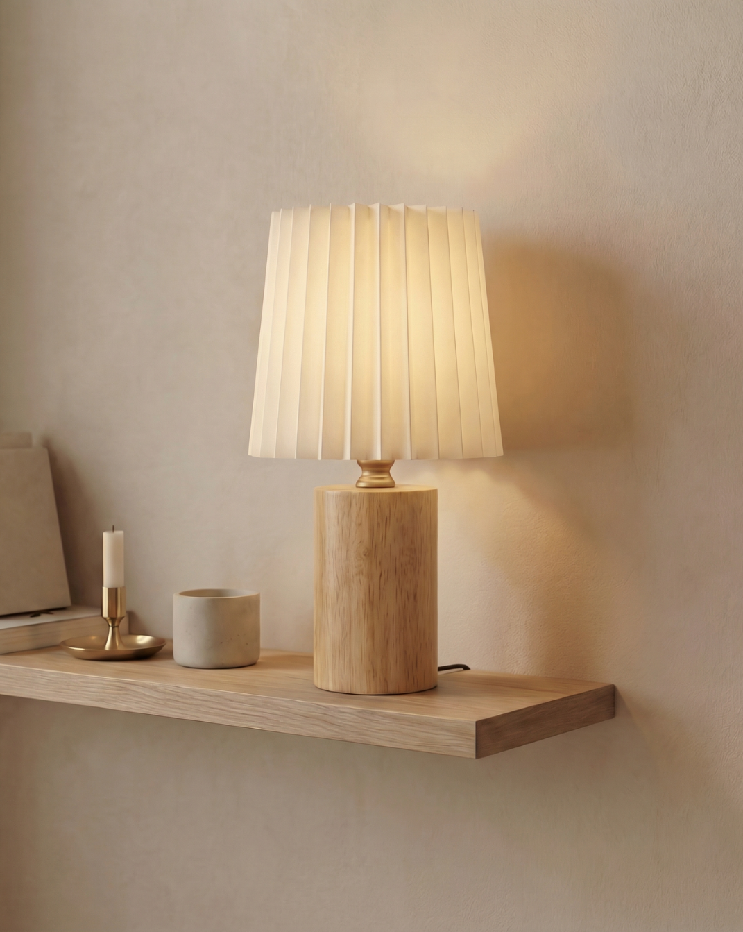 Korean-Style Table Lamp – Pleated Fabric Shade with Wooden Base