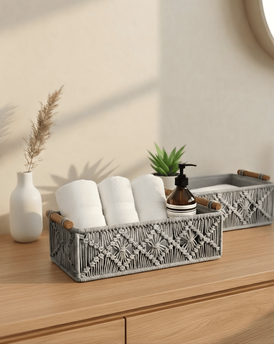 Boho Storage Baskets Set (2 Pieces) - Woven Organizer with Wooden Handles