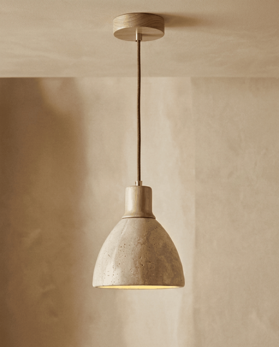 Cove Pendant Light in Beige Travertine with Solid Wood, ø 15 cm