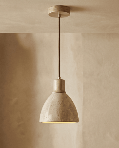 Cove Pendant Light in Beige Travertine with Solid Wood, ø 15 cm