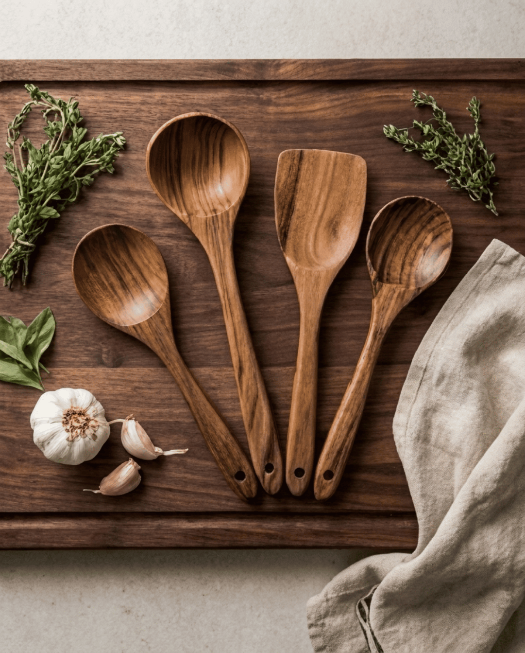 Teak Wood Kitchen Utensil Set 5-Piece - Natural Wooden Cookware Tools