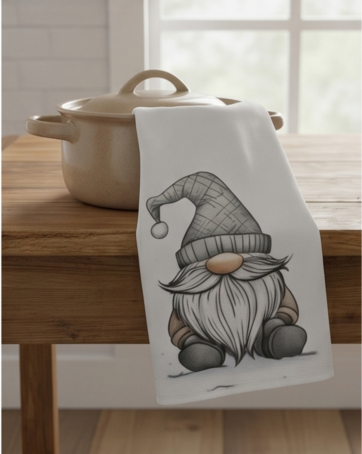 Nord Kitchen Towel Set in White Cotton with Gnome Print