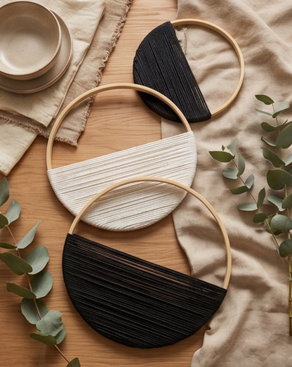 Macramé Wall Decor Set of 3 | Bamboo Hoop with Geometric Pattern