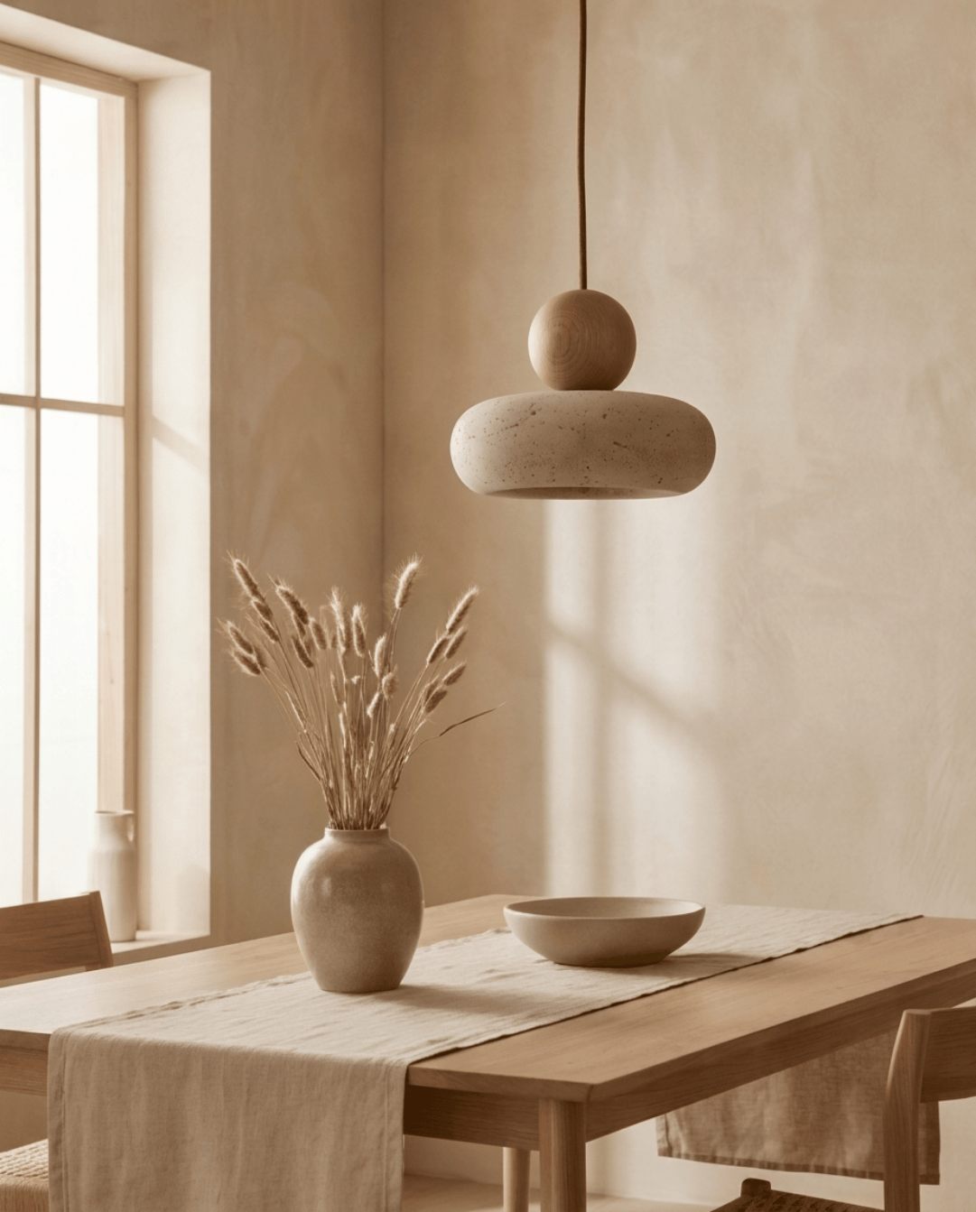 Cove Pendant Light in Beige Travertine with Wooden Accent
