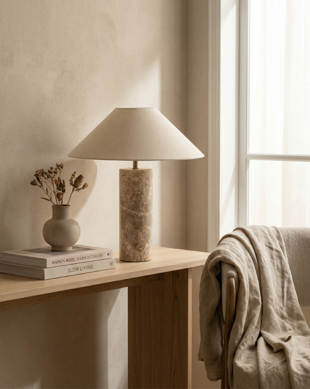 Nordic Marble Table Lamp – White Fabric Shade
