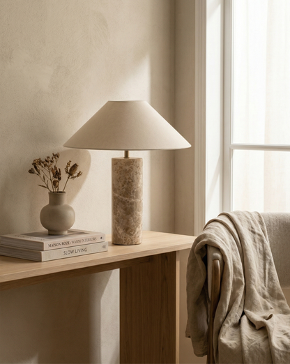 Nordic Marble Table Lamp – White Fabric Shade