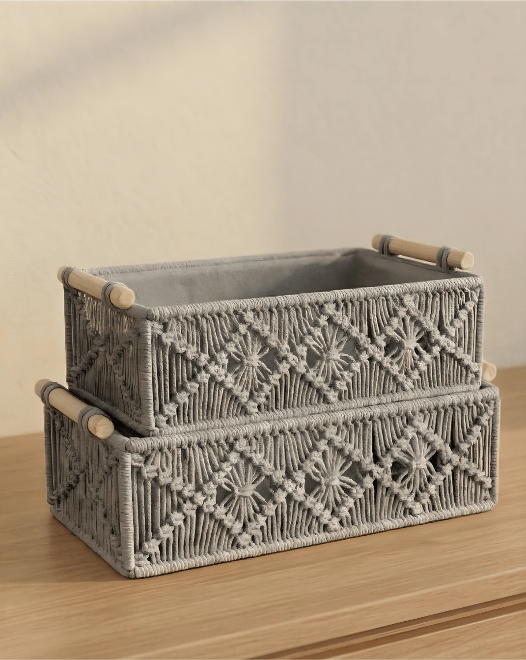 Boho Storage Baskets Set (2 Pieces) - Woven Organizer with Wooden Handles
