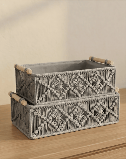 Boho Storage Baskets Set (2 Pieces) - Woven Organizer with Wooden Handles