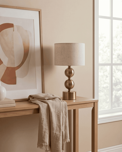 Orb Table Lamp in Gold Metal with Linen Shade, 45 cm