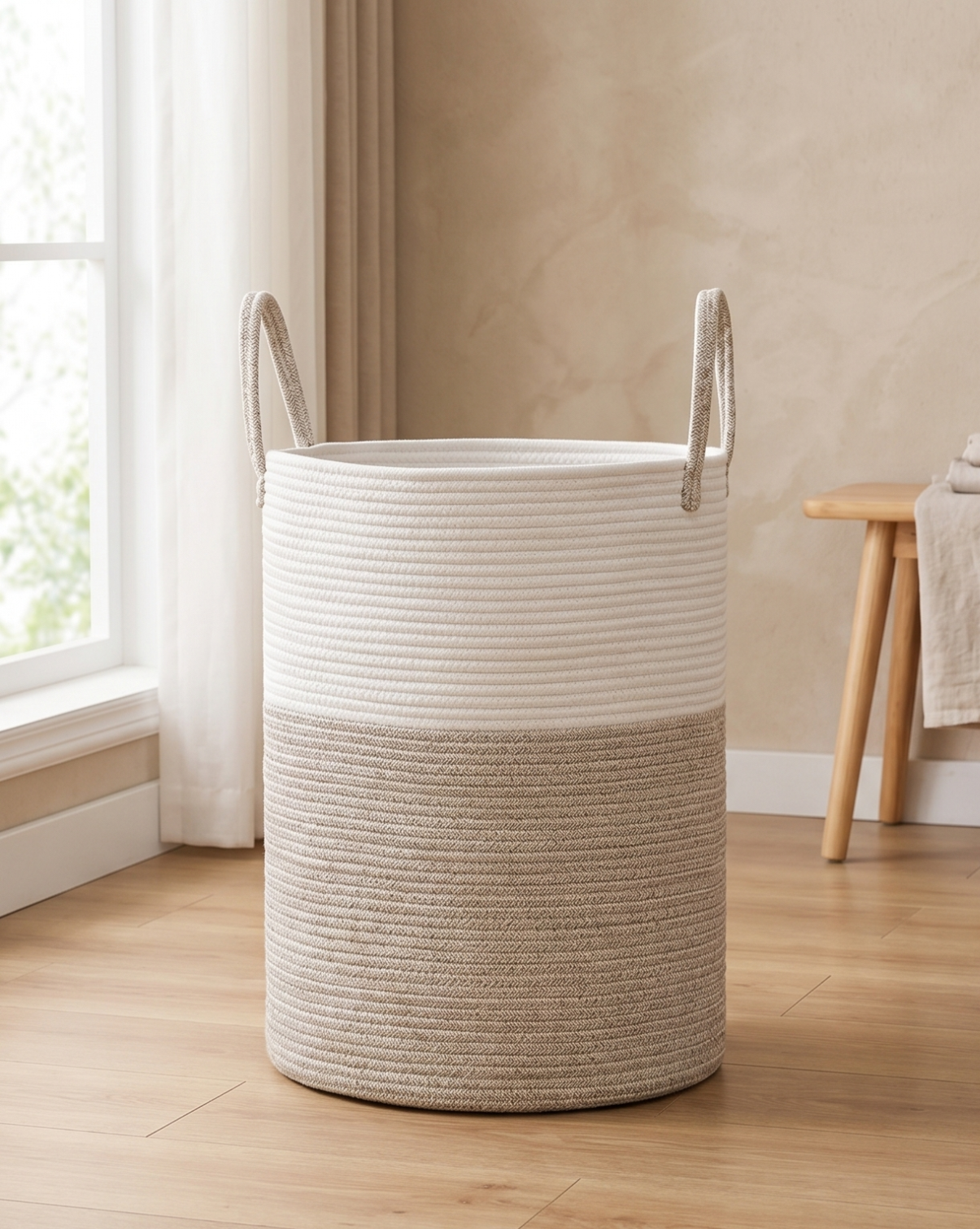 Laundry Basket Cotton Rope – Boho Design | Woven Laundry Basket Natural, 58L