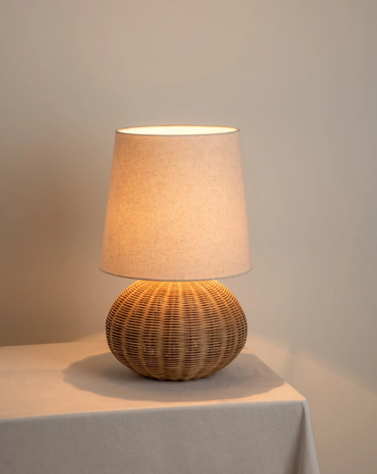 Wabi-Sabi Rattan Table Lamp – Hand-Woven Base with Fabric Shade