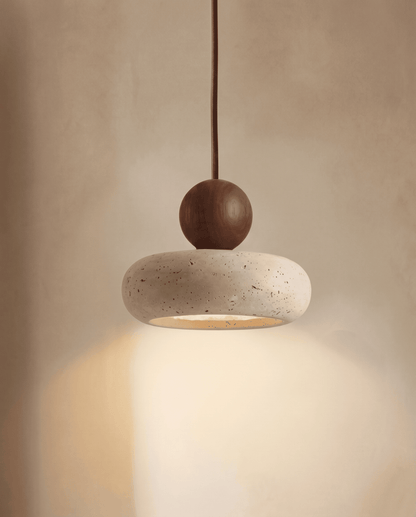 Cove Pendant Light in Beige Travertine with Wooden Accent