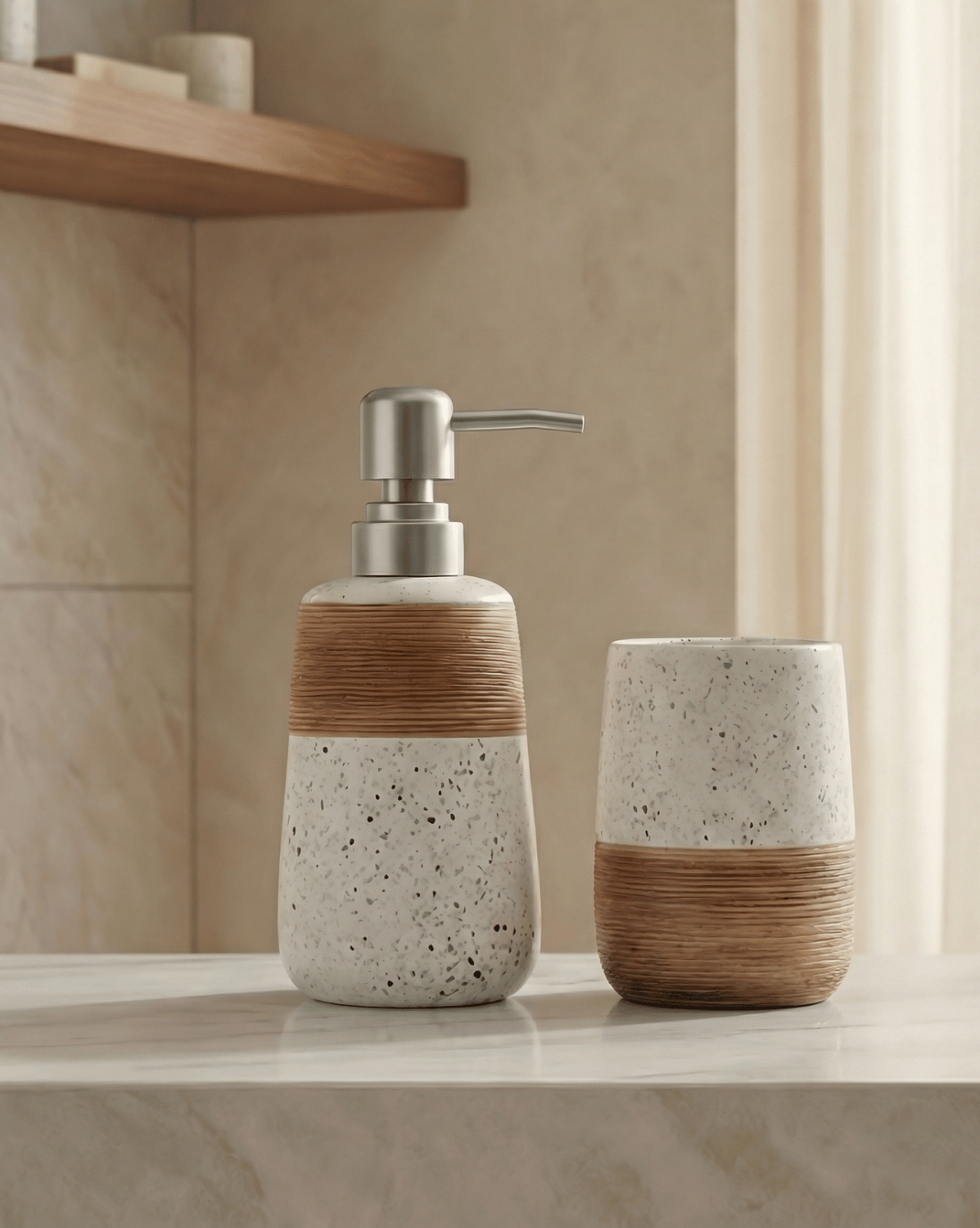 Flint Bathroom Set 2-Piece Speckled Ceramic with Bamboo Design, 18 cm