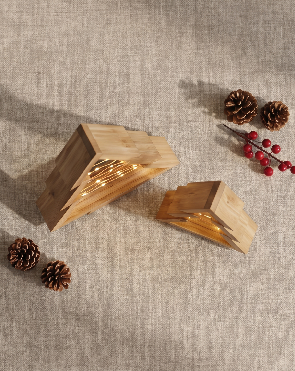 Vale Wooden Christmas Tree Set with Built-In LED Lighting, Natural Wood