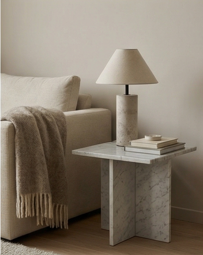 Travertine Table Lamp – Yellow Natural Stone & Fabric Shade