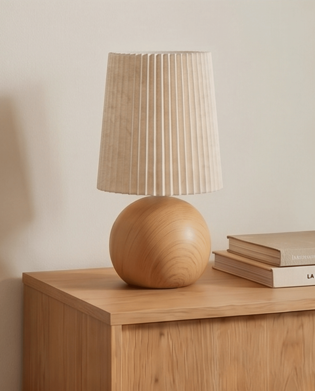 Table Lamp in Ceramic with Wood Design and Fabric Shade - Round, 28.5 cm - Oak