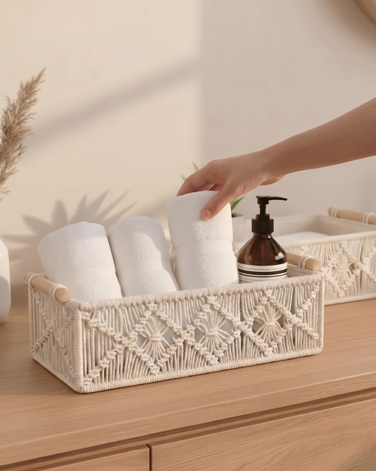 Boho Storage Baskets Set (2 Pieces) - Woven Organizer with Wooden Handles - Grey