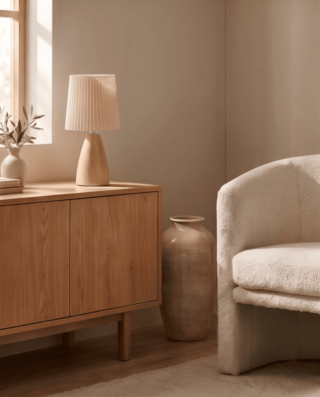 Table Lamp in Ceramic with Wood Design and Fabric Shade - Cone