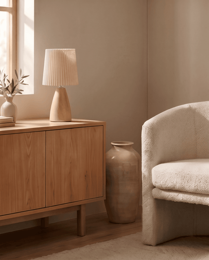 Table Lamp in Ceramic with Wood Design and Fabric Shade - Cone