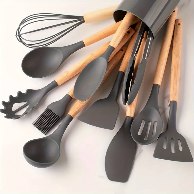 12-Piece Kitchen Utensil Set, Silicone with Wood Accent, Heat-Resistant to 230°C, Non-Stick