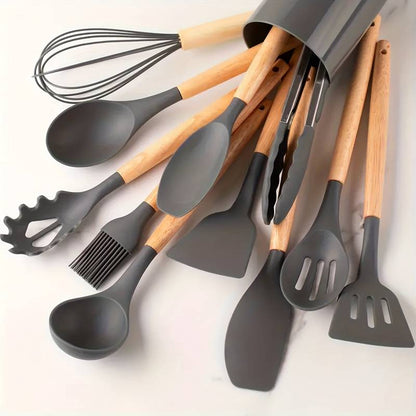 12-Piece Kitchen Utensil Set, Silicone with Wood Accent, Heat-Resistant to 230°C, Non-Stick