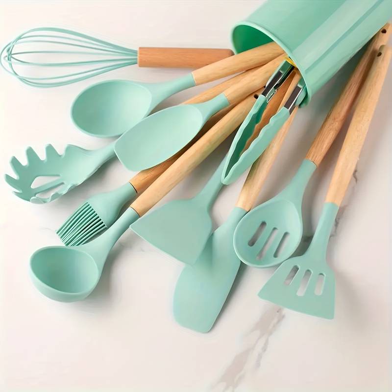 12-Piece Kitchen Utensil Set, Silicone with Wood Accent, Heat-Resistant to 230°C, Non-Stick