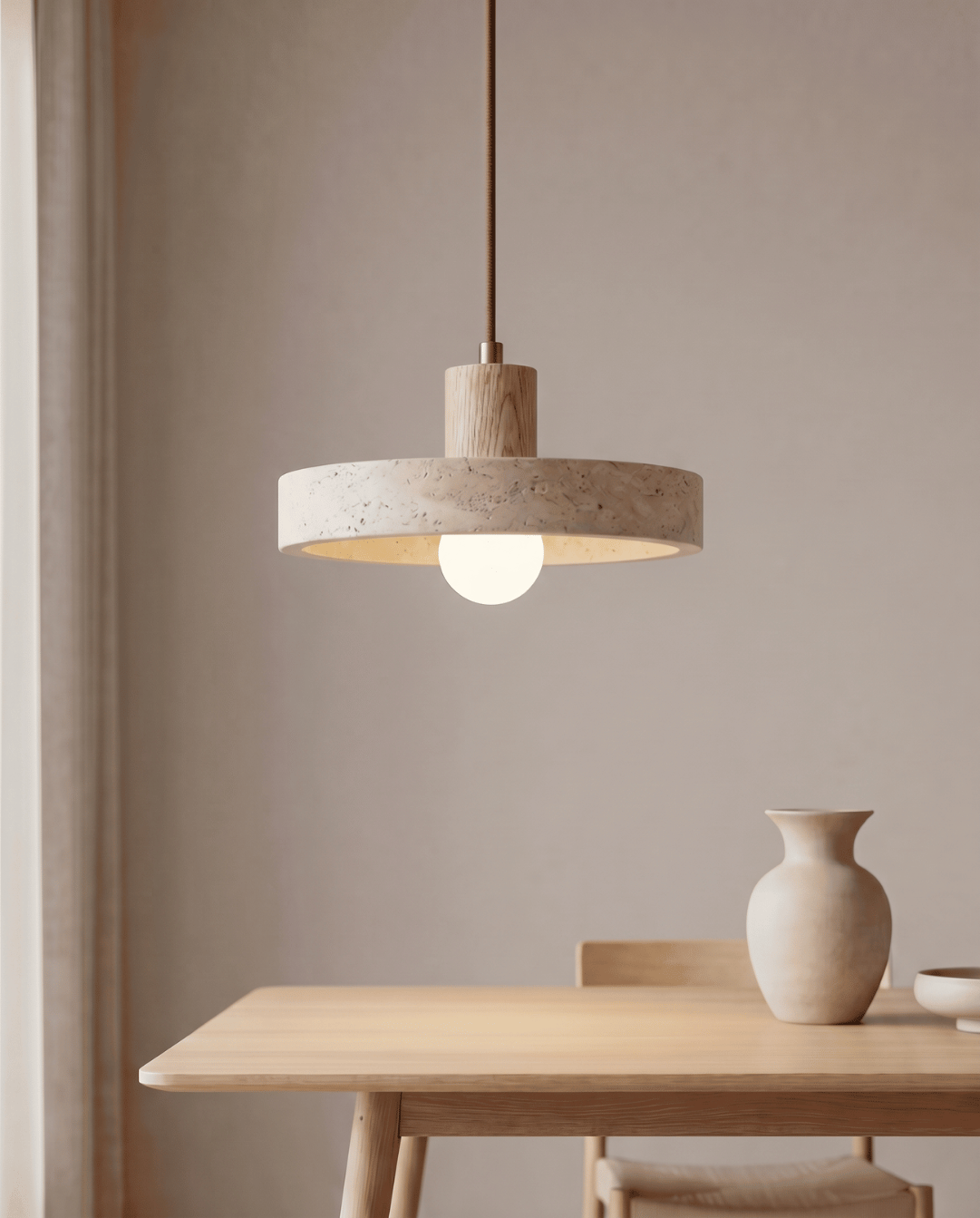 Dune Pendant Light in Yellow Travertine with Solid Wood Accent