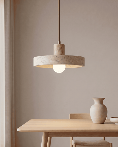 Dune Pendant Light in Yellow Travertine with Solid Wood Accent