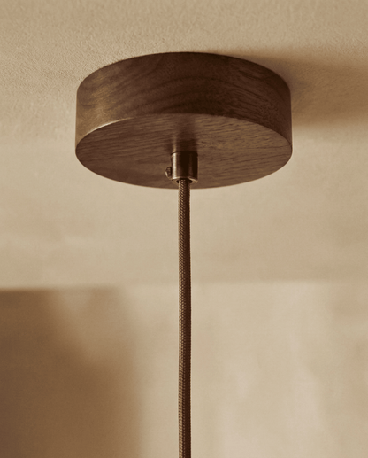 Cove Pendant Light in Beige Travertine with Wooden Accent