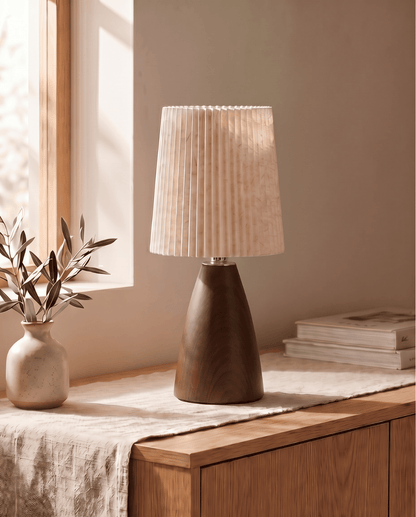 Table Lamp in Ceramic with Wood Design and Fabric Shade - Cone
