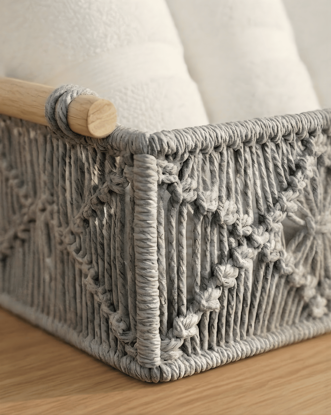 Boho Storage Baskets Set (2 Pieces) - Woven Organizer with Wooden Handles