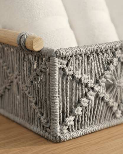 Boho Storage Baskets Set (2 Pieces) - Woven Organizer with Wooden Handles