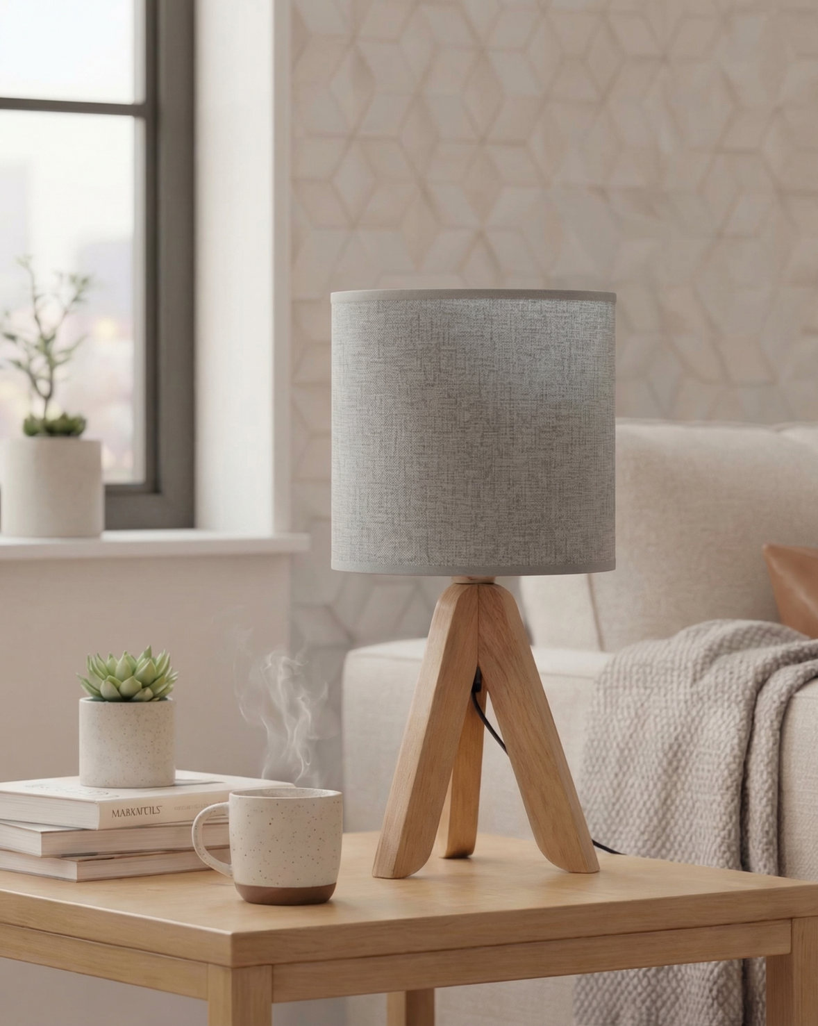 40 cm Minimalist Table Lamp – Wooden Tripod Base with Fabric Shade
