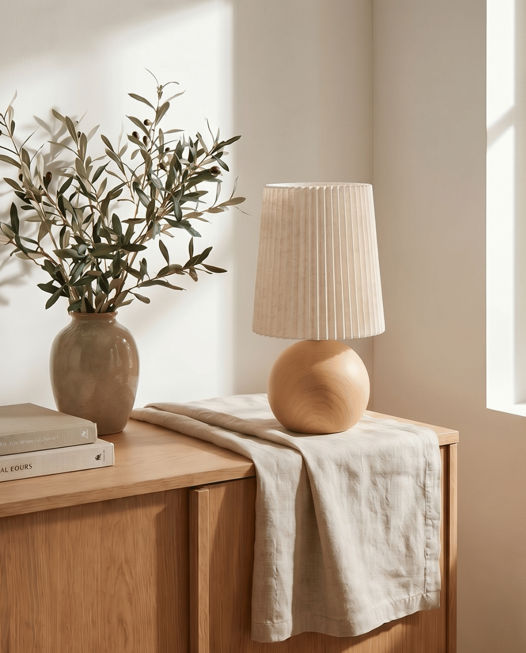 Table Lamp in Ceramic with Wood Design and Fabric Shade - Round, 28.5 cm - Walnut