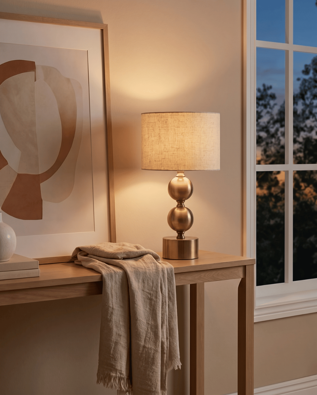 Orb Table Lamp in Gold Metal with Linen Shade, 45 cm