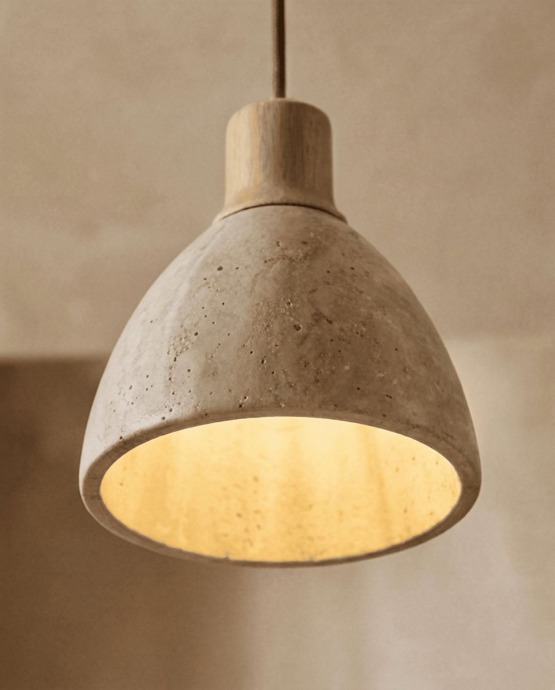 Cove Pendant Light in Beige Travertine with Solid Wood, ø 15 cm