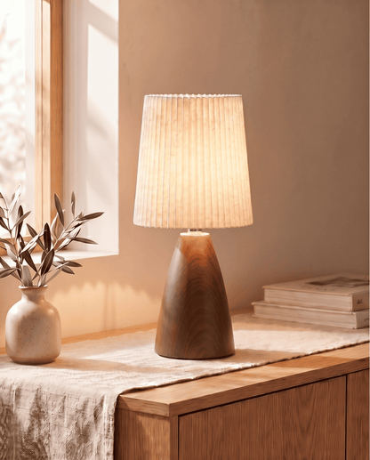 Table Lamp in Ceramic with Wood Design and Fabric Shade - Cone