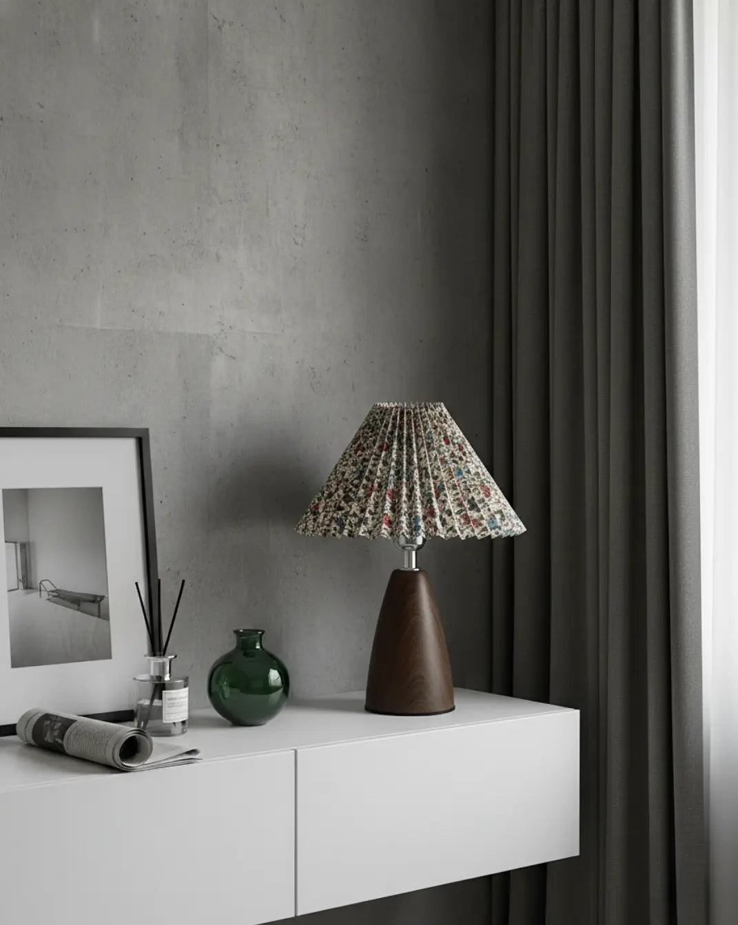 Fern Table Lamp in Ceramic Walnut Tone with White Fabric Shade, 30 cm