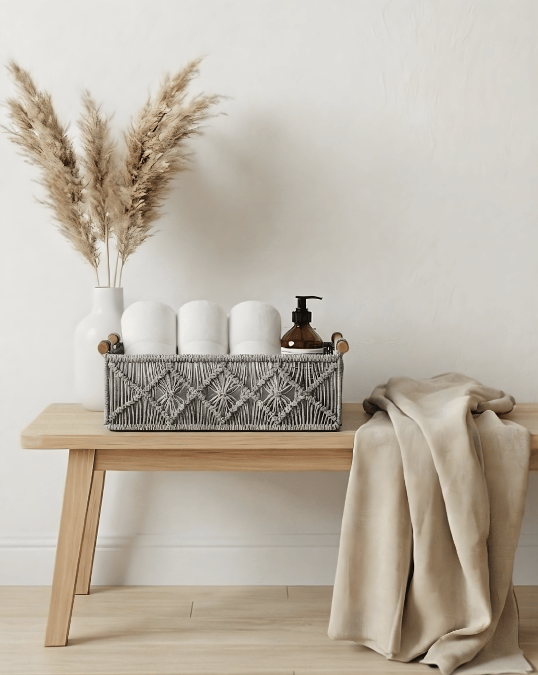 Boho Storage Baskets Set (2 Pieces) - Woven Organizer with Wooden Handles