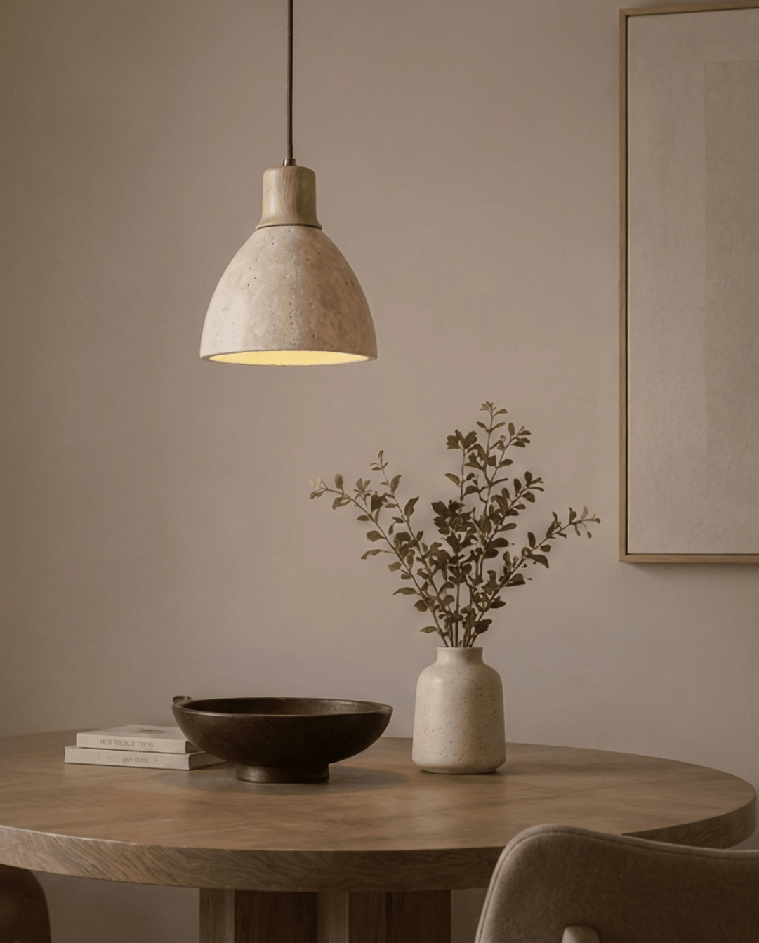 Cove Pendant Light in Beige Travertine with Solid Wood, ø 15 cm