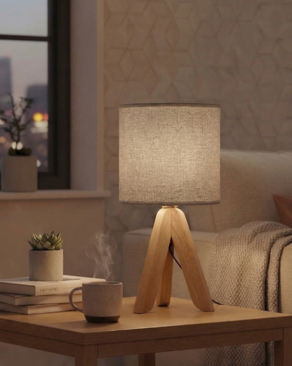 40 cm Minimalist Table Lamp – Wooden Tripod Base with Fabric Shade