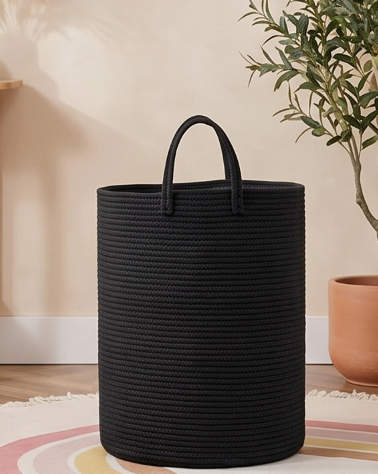 Laundry Basket Cotton Rope – Boho Design | Woven Laundry Basket Natural, 58L