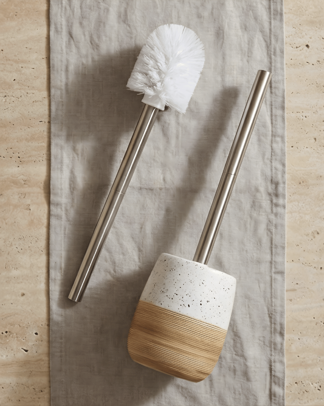 Ceramic Toilet Brush Set – Wood-Texture Base – Stainless Steel Handle