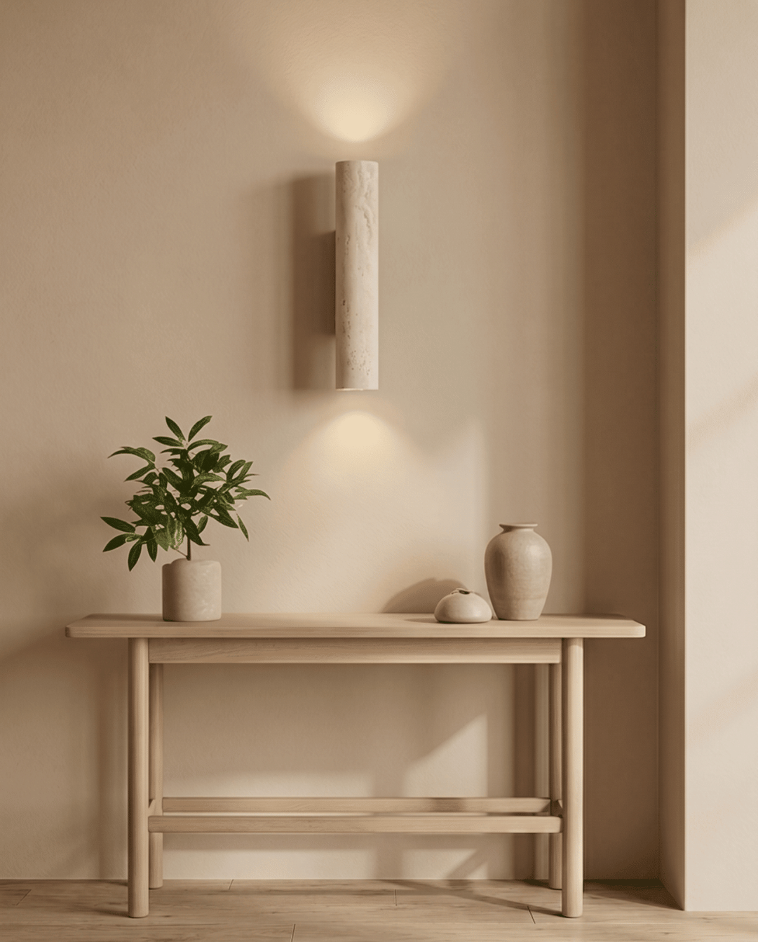 Wall Lamp in Natural Travertine Stone and Solid Wood, 23 cm
