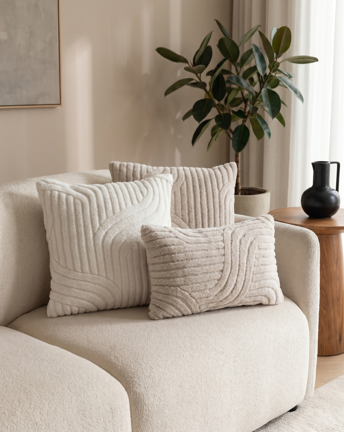Boho Abstract Cushion Covers Set of 2 – Soft Plush Geometric Pattern - Beige